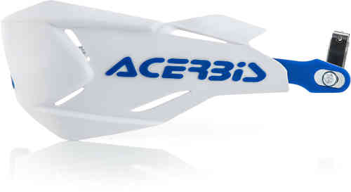 White plastic handguards with blue accents and the "ACERBIS" logo, featuring aerodynamic design and ventilation slots for enhanced performance.