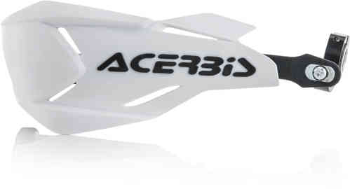 White Acerbis X-Factory handguards with a sleek design, featuring a black logo and sturdy mounting bracket for enhanced protection and style on motorcycles.