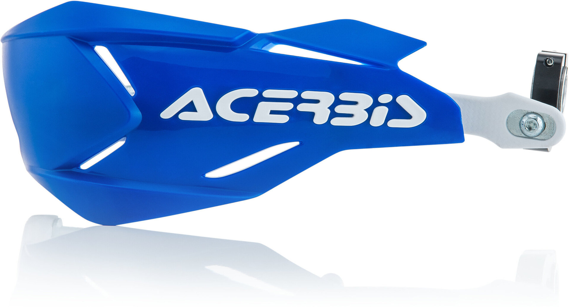 Blue Acerbis X-Factory handguards with a sleek design, featuring a sturdy white mounting bracket and the Acerbis logo prominently displayed in white.