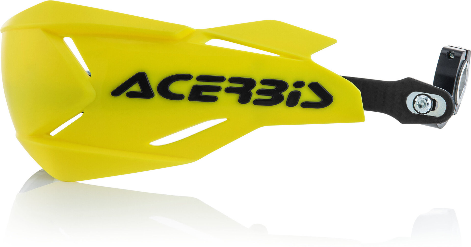 Bright yellow Acerbis X-Factory handguards with a sleek design, featuring a black logo and a durable construction, ideal for off-road motorcycle protection.