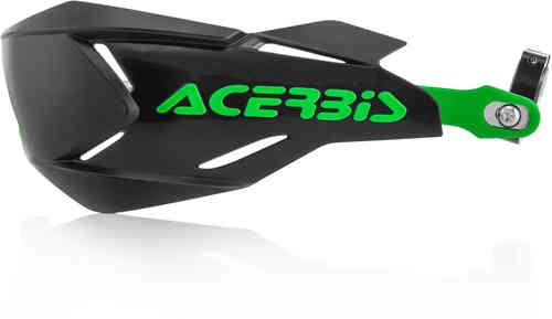 Black plastic handguards with a sleek design, featuring a prominent green "ACERBIS" logo and adjustable mounting bracket for enhanced protection and style.