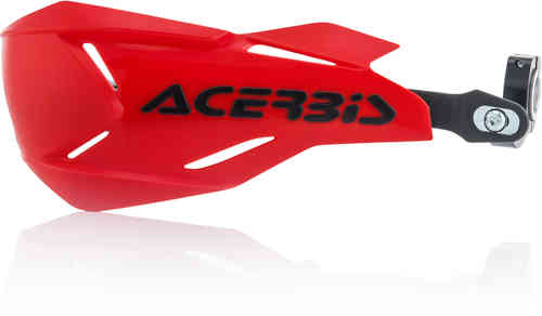 Red Acerbis X-Factory handguards made of durable plastic, featuring a sleek design with ventilation slots and a black logo, designed for motorcycle protection.