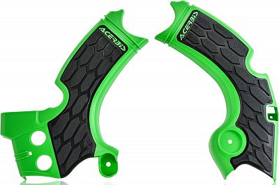 Green plastic frame protectors with textured black rubber grips, featuring the "Acerbis" logo, designed for Kawasaki motorcycles.