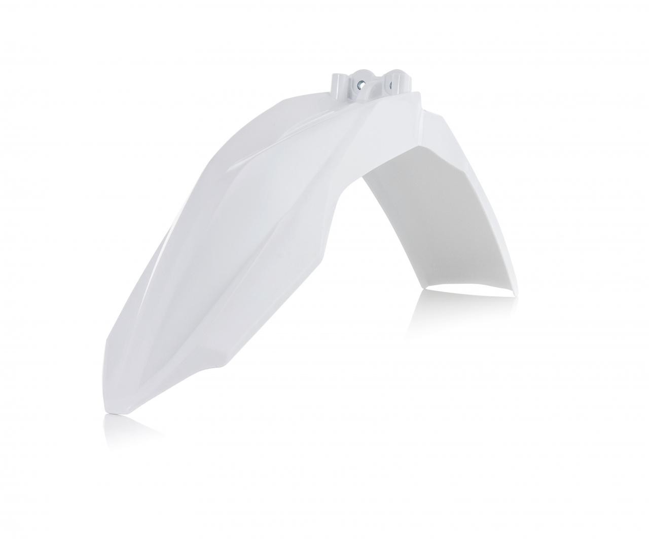 White Acerbis front fender designed for Husqvarna TC85 models from 2014 to 2017, featuring a sleek, aerodynamic shape and durable plastic construction.