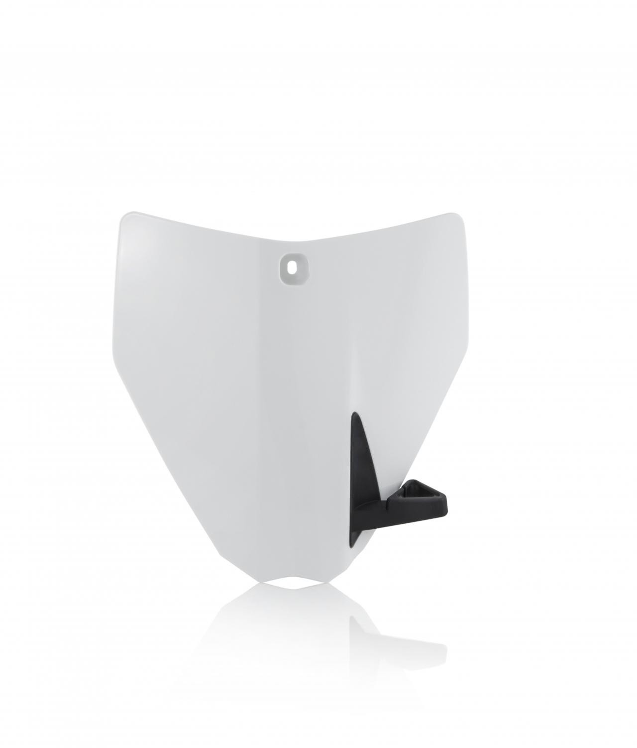 White plastic front number board designed for Husqvarna TC85 models from 2015 to 2017, featuring a sleek shape and a black mounting bracket on the side.