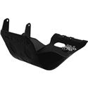 Black plastic skid plate designed for Husqvarna and KTM motorcycles, featuring a contoured shape, reinforced edges, and mounting holes for easy installation.
