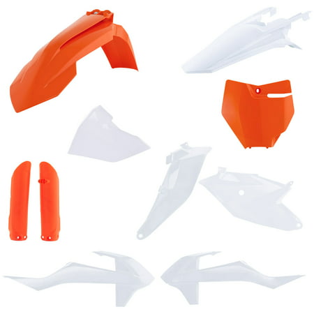 Acerbis Full Plastics Kit for KTM SX85 (2018-2024) featuring orange and white plastic components, including fenders, side panels, and number plates.