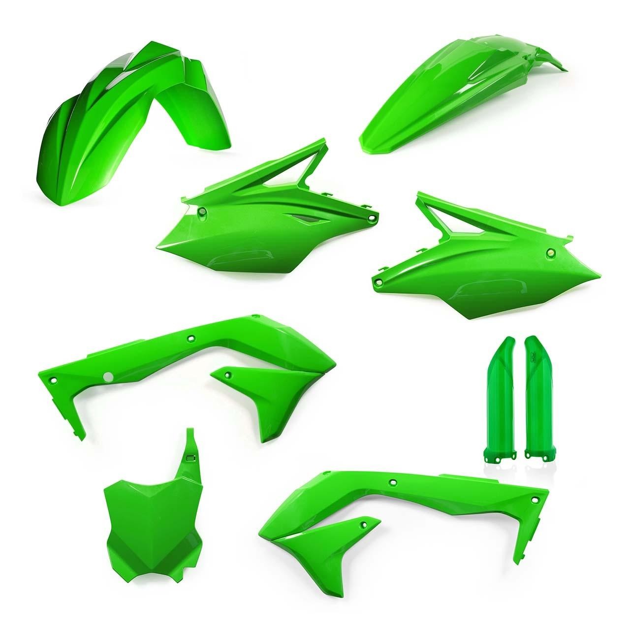 Acerbis Full Plastics Kit for Kawasaki KXF450 2018 in vibrant green, featuring multiple plastic components including fenders, side panels, and a front number plate.