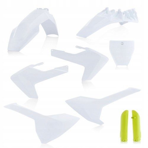 Acerbis Full Plastics Kit for Husqvarna TC85 (2018-2024) featuring white plastic body panels and bright yellow fork guards, designed for OEM fit and durability.