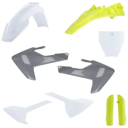 Acerbis Full Plastics Kit for Husqvarna TC85 (2018-23) featuring white, yellow, and grey plastic components, including fenders, side panels, and a rear number plate.