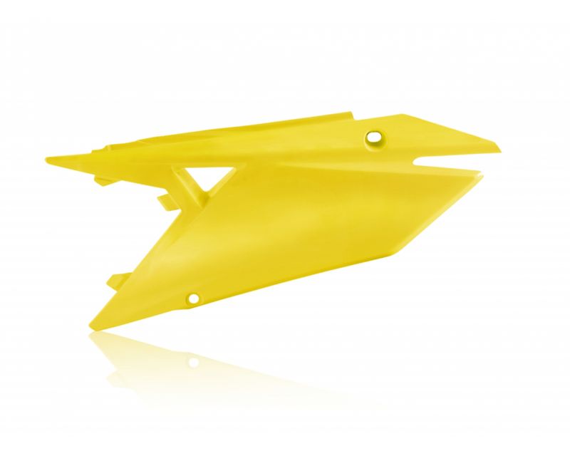 Bright yellow Acerbis side panel designed for Suzuki RMZ250 (2019-2025) and RMZ450 (2018-2025), featuring a sleek, aerodynamic shape and durable plastic material.
