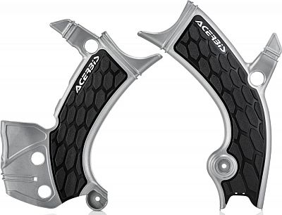 Silver and black Acerbis X-Grip frame guards featuring a textured grip surface, contoured design, and logo, designed for enhanced protection and style on motorcycles.