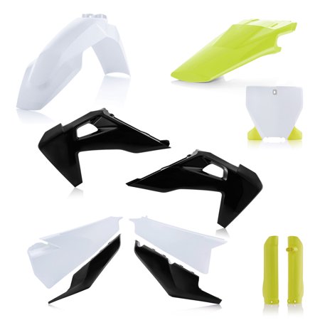 Acerbis Full Plastics Kit for Husqvarna FC 250/350 & TC125/250, featuring white, black, and bright yellow plastic components, including fenders and side panels.