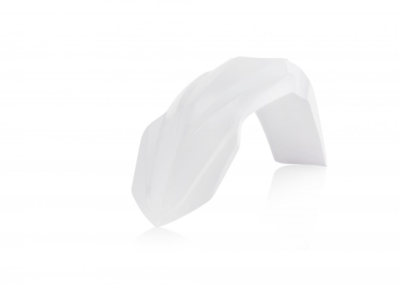 White plastic front fender designed for Yamaha YZ 125/250 models from 2002 to 2014, featuring a sleek, aerodynamic shape with subtle grooves for enhanced style.