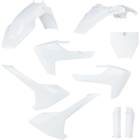 Bright white full plastics kit for Husqvarna TC65 (2017-2023) includes fenders, side panels, and number plates, made from durable plastic for enhanced performance and aesthetics.