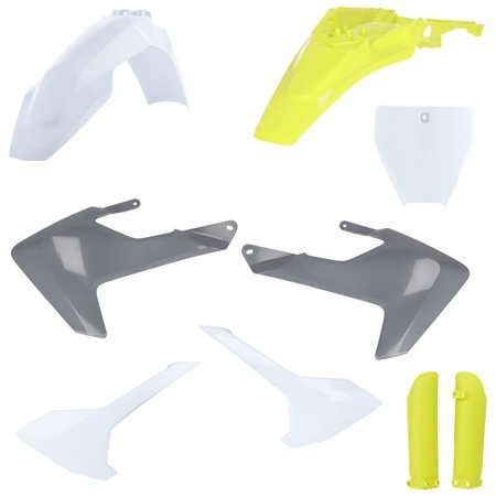 Acerbis Full Plastics Kit for Husqvarna TC 65 (2017-23) featuring white, yellow, and grey plastic components, including fenders, side panels, and a rear number plate.