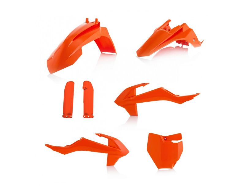 Acerbis Full Plastics Kit for KTM SX65 (2019-2023) featuring vibrant orange plastic parts, including front fender, side panels, and rear number plate.