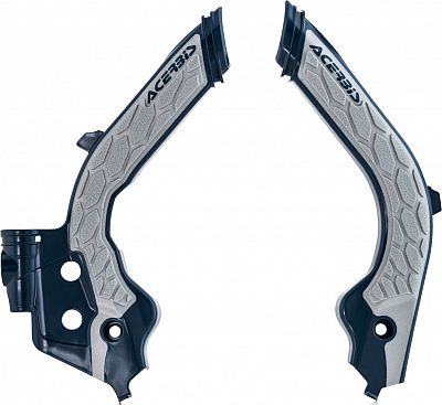 Black and silver Acerbis X-Grip frame protectors featuring a textured surface and cutouts for easy installation, designed for Husqvarna motorcycles.