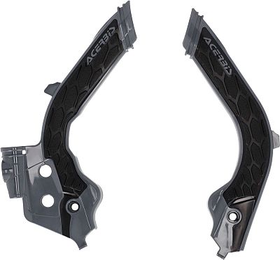 Black and gray Acerbis X-Grip frame protectors with a textured surface and hexagonal pattern, designed for Husqvarna motorcycles, featuring cutouts for mounting.