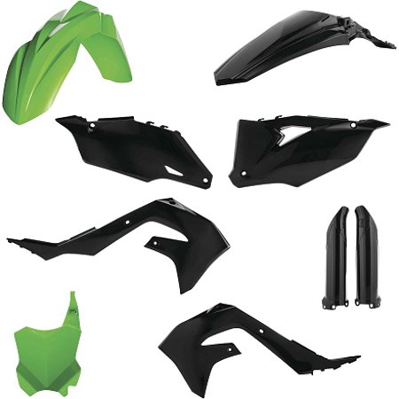 Acerbis Full Plastics Kit in black and green for Kawasaki KXF250 (2021-2024) and KXF450 (2019-2023), featuring fenders, side panels, and a rear cover made from durable plastic.