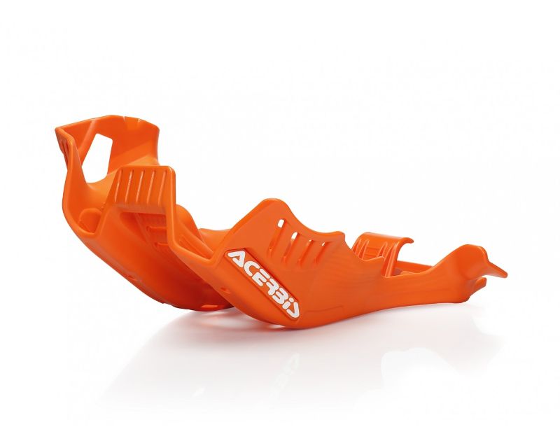 Bright orange plastic skid plate designed for KTM motorcycles, featuring a molded design for enhanced protection and durability, with the Acerbis logo prominently displayed.