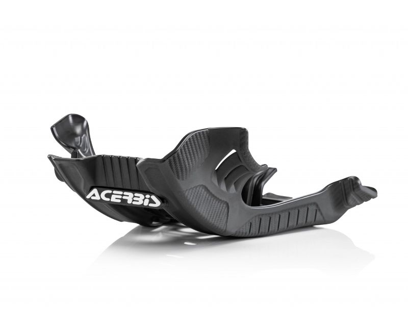 Black plastic skid plate by Acerbis for Yamaha, featuring a curved design, textured grip areas, and prominent white branding on the side.