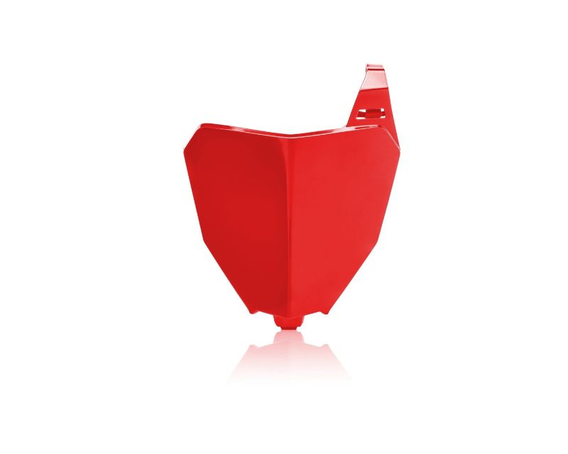 Red plastic front number board designed for Honda CRF250R (2019-21) and CRF450R (2019-20), featuring a sleek, angular shape and a mounting point at the top.