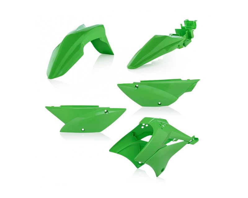 Bright green plastic bodywork kit for Kawasaki motorcycles, featuring multiple pieces including fenders and side panels, designed for durability and a sleek appearance.