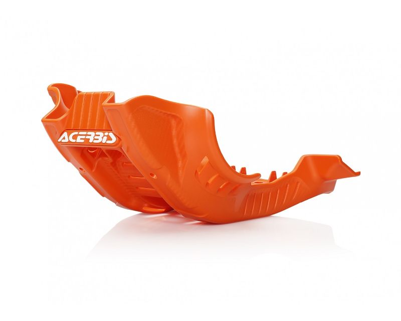 Bright orange Acerbis skid plate designed for KTM motorcycles, featuring a durable plastic construction and textured surface for enhanced grip and protection.