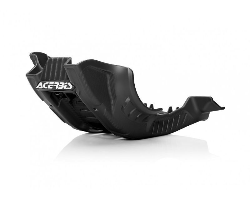 Black plastic skid plate with a textured surface and raised ridges, featuring the Acerbis logo prominently displayed on the side, designed for KTM motorcycles.