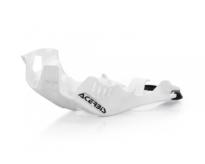 White plastic skid plate designed for Husqvarna motorcycles, featuring a sleek, contoured shape with ventilation slots and the Acerbis logo prominently displayed.