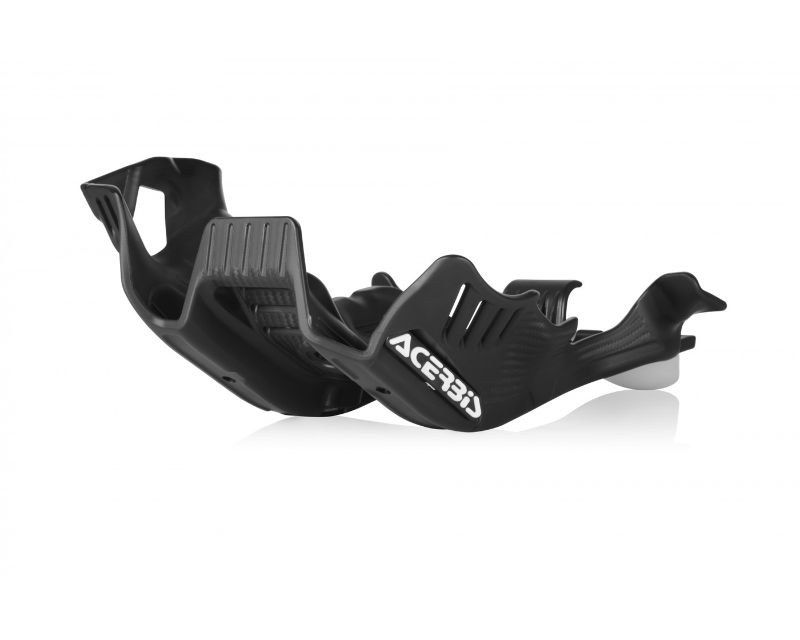 Black plastic skid plate designed for Husqvarna motorcycles, featuring a contoured shape for protection and the Acerbis logo prominently displayed.