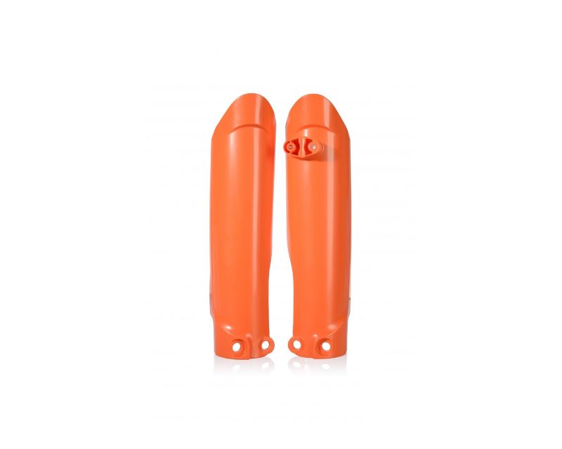 Bright orange lower fork covers made of durable plastic, featuring a sleek design with mounting holes for easy installation on motorcycles.