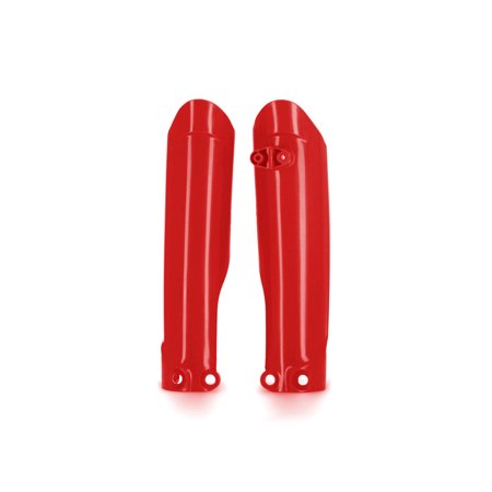 Bright red plastic fork guards designed for Gas Gas MC65 models from 2021 to 2023, featuring a sleek, streamlined shape with mounting holes for easy installation.