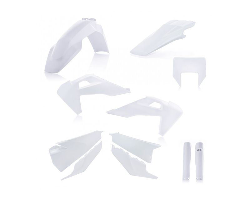 Acerbis Full Enduro Plastics Kit in white, featuring multiple components including fenders, side panels, and a front number plate, designed for Husqvarna FE and TE models from 2020-2023.