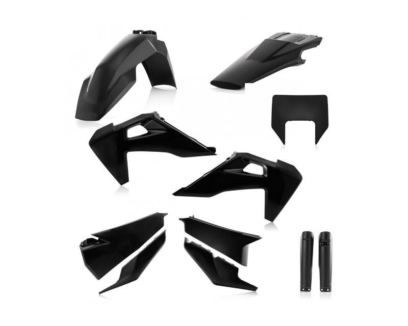 Acerbis Full Enduro Plastics Kit in black for Husqvarna models, featuring multiple plastic components including fenders, side panels, and shrouds, designed for durability and performance.