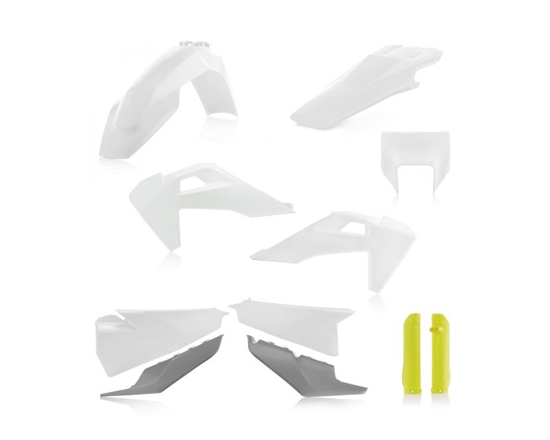 Acerbis Full Enduro Plastics Kit featuring white, yellow, and grey plastic components designed for Husqvarna FE and TE models from 2020 to 2023, showcasing various shapes and contours.