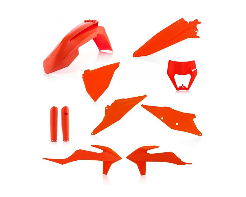 Acerbis Full Plastics Kit in vibrant orange, featuring various motorcycle body parts including fenders, side panels, and a front number plate, designed for KTM EXC and XC-W models from 2020-2023.