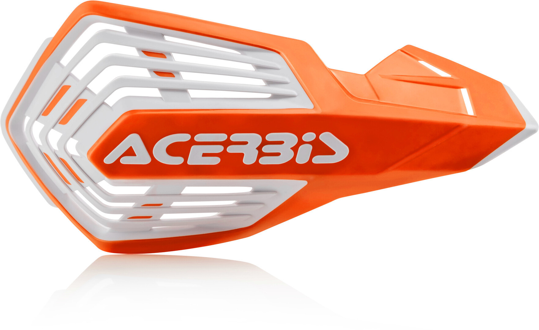 Acerbis X-Future handguards in bright orange and white, featuring a durable plastic construction with a distinctive angular design and prominent Acerbis logo.
