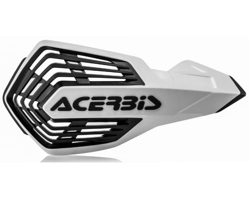 White Acerbis X-Future handguards featuring a sleek design with a black mesh pattern and the brand logo prominently displayed, designed for motorcycle protection.
