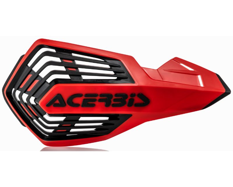 Red and black Acerbis X-Future handguards featuring a sleek design with a protective shell and ventilation slots, ideal for off-road motorcycle use.