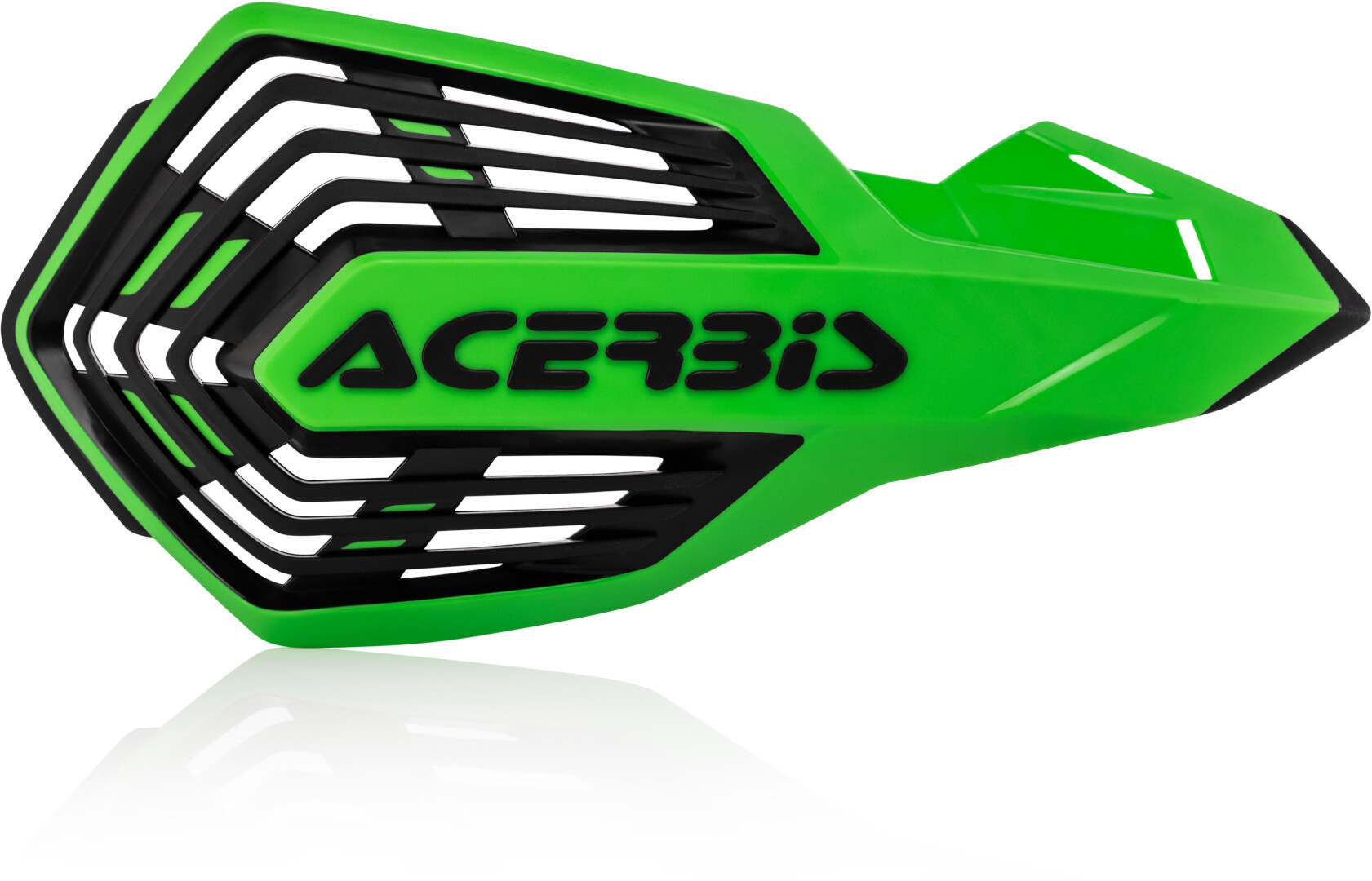 Green and black Acerbis X-Future handguard featuring a sleek design with a protective shell and ventilation slots for optimal airflow.