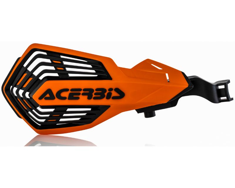 Acerbis K-Future handguard in bright orange with a black mesh design, featuring a durable plastic construction and a mounting bracket for GasGas, KTM, and Husqvarna motorcycles.