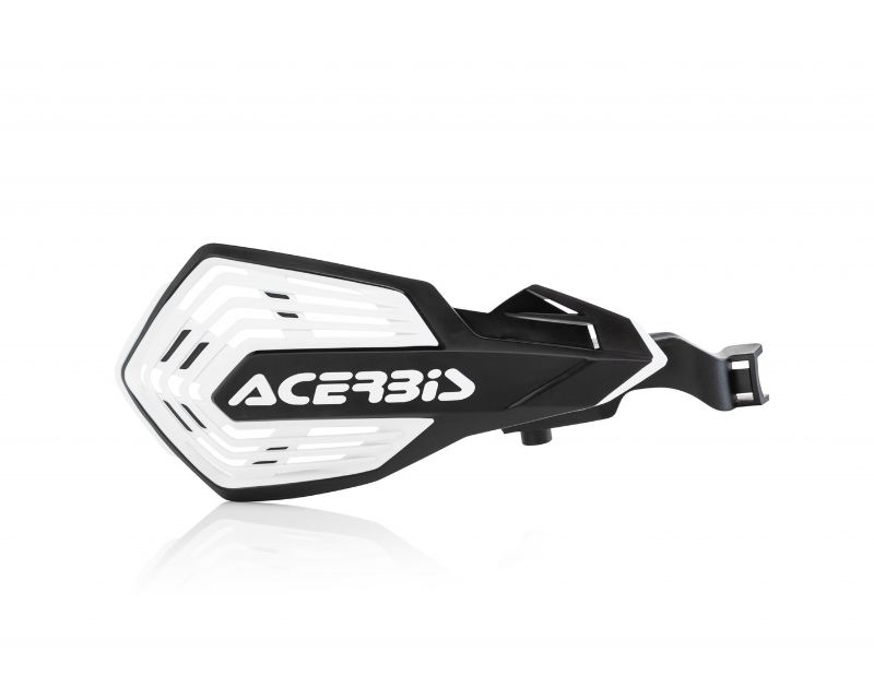 Black and white Acerbis K-Future handguard featuring a sleek, angular design with a prominent logo, made from durable plastic for motorcycle protection.