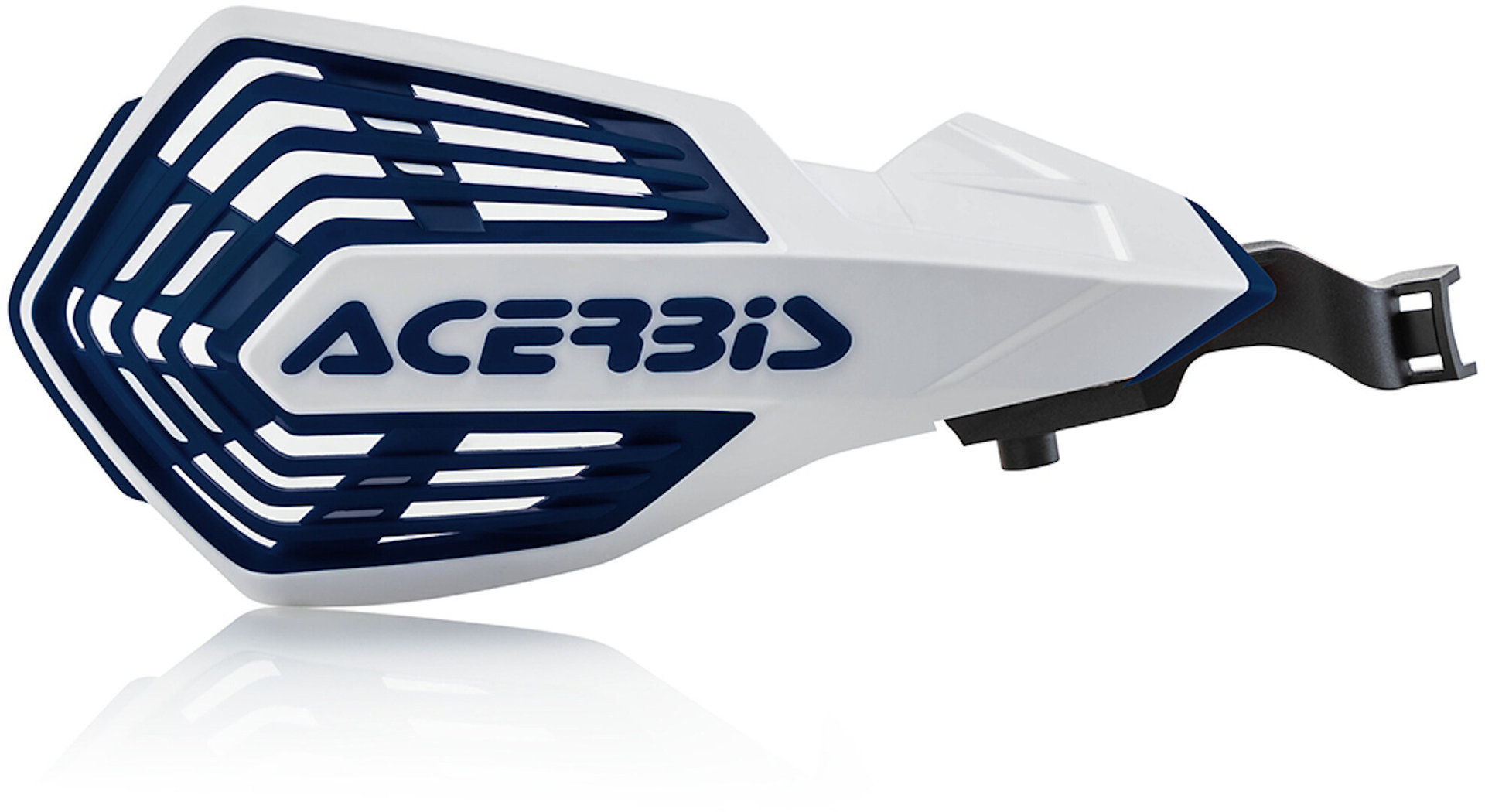 White and navy blue Acerbis K-Future handguards featuring a sleek design with a distinctive hexagonal pattern and a sturdy mounting bracket for GasGas, KTM, and Husqvarna motorcycles.