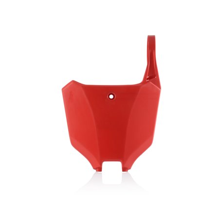 Red plastic front number board designed for Honda CRF250R, CRF250RX, CRF300RX (2022-23), and CRF450R & CRF450RX (2021-23), featuring a sleek, aerodynamic shape and a mounting hole.