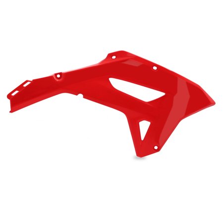 Bright red plastic radiator scoop designed for Honda CRF250/300RX 2022-23 and CRF450RX 2021-23, featuring a sleek aerodynamic shape and multiple mounting holes.