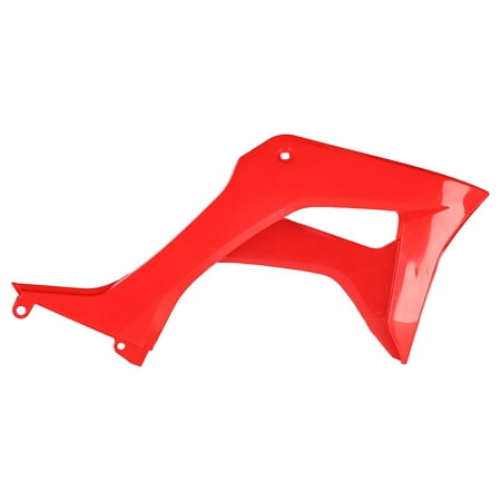 Bright red plastic radiator scoops designed for Honda CRF110F models from 2019 to 2024, featuring a sleek aerodynamic shape and precise fit for enhanced performance.