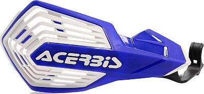 Acerbis K-Future handguards in blue and white plastic, featuring a sleek design with ventilation slots, designed for Kawasaki, Suzuki, and Yamaha motorcycles.