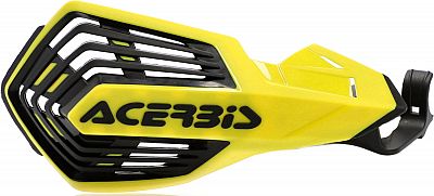 Bright yellow handguards with a sleek design, featuring a black mesh pattern and the "ACERBIS" logo prominently displayed, suitable for Kawasaki, Suzuki, and Yamaha motorcycles.